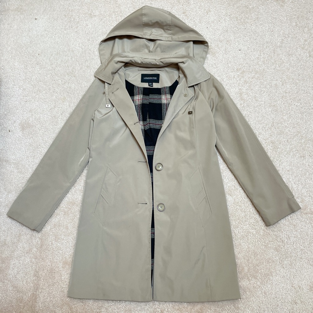 EUC London Fog Beige Trench Coat Plaid Lined with Hood Petite XS